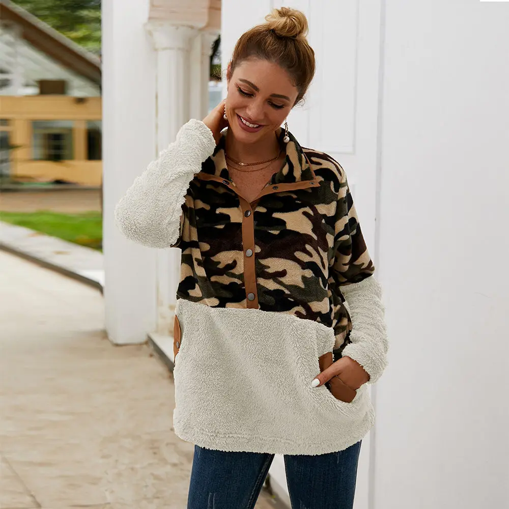 

Women Camo Fleece Sweater Patchwork Teddy Fluffy Sherpa Pullover Camouflage Button Sweaters Jersey VellÃ³n De Mujer