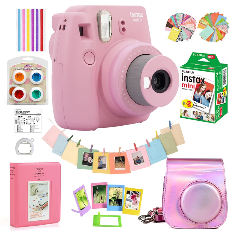 كاميرا Fujifilm Instax Mini 9 الفورية باللون الوردي الوردي 20 ورقة صغيرة 8 صور بيضاء للأفلام حافظة حقائب ألبوم فلاتر إطارات Film Camera Instant Film Cameramini 8 Aliexpress