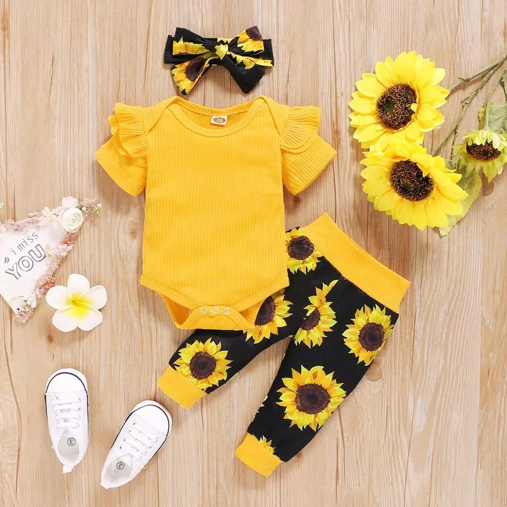 baby floral clothing set 0-18M Baby Girls Clothes Set Toddler Knit Romper Spring Autumn Infant Newborn Cute Outfit Ruffle Long Sleeve Pants Headband 3Pcs warm Baby Clothing Set