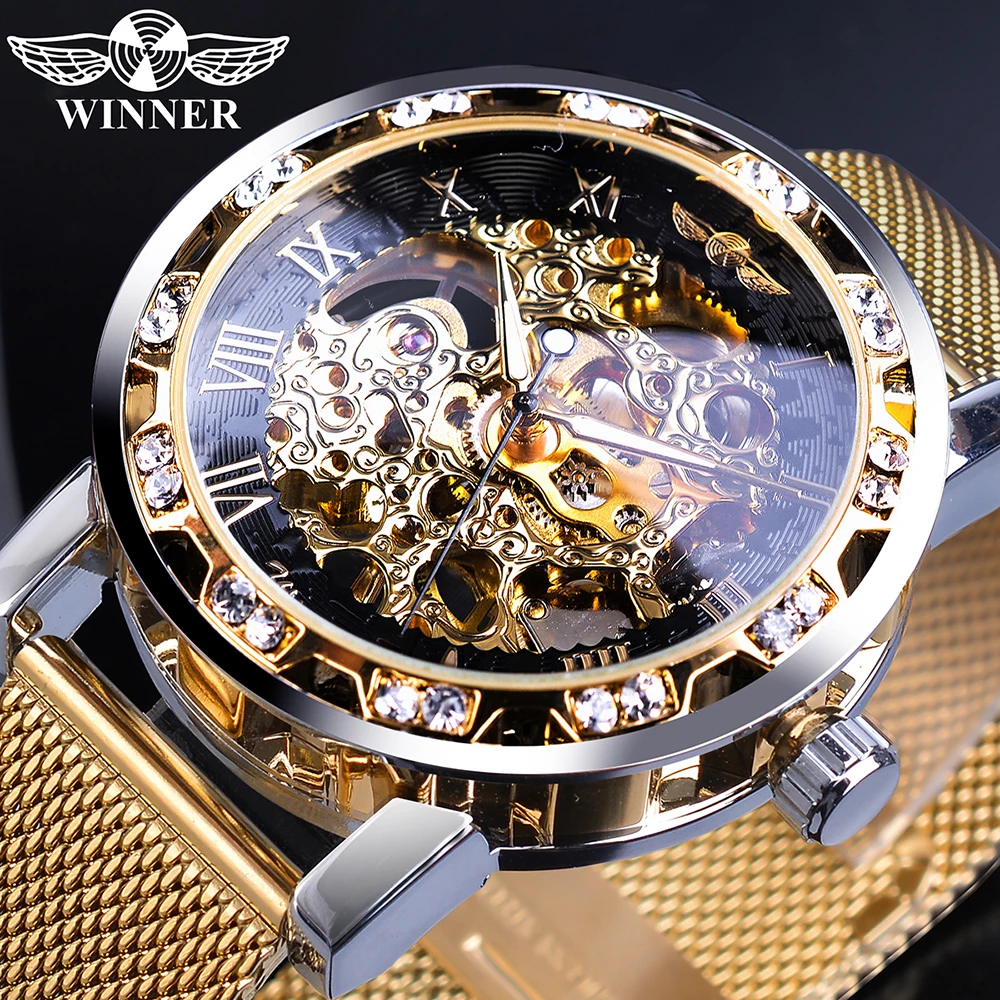 Winner Golden Watches Men Skeleton Mechanical Watch Crystal Mesh Slim Stainless Steel Band Top Brand Luxury Hand Wind Wristwatch стеклохолст golden mesh 40 г м 1 x 40 м