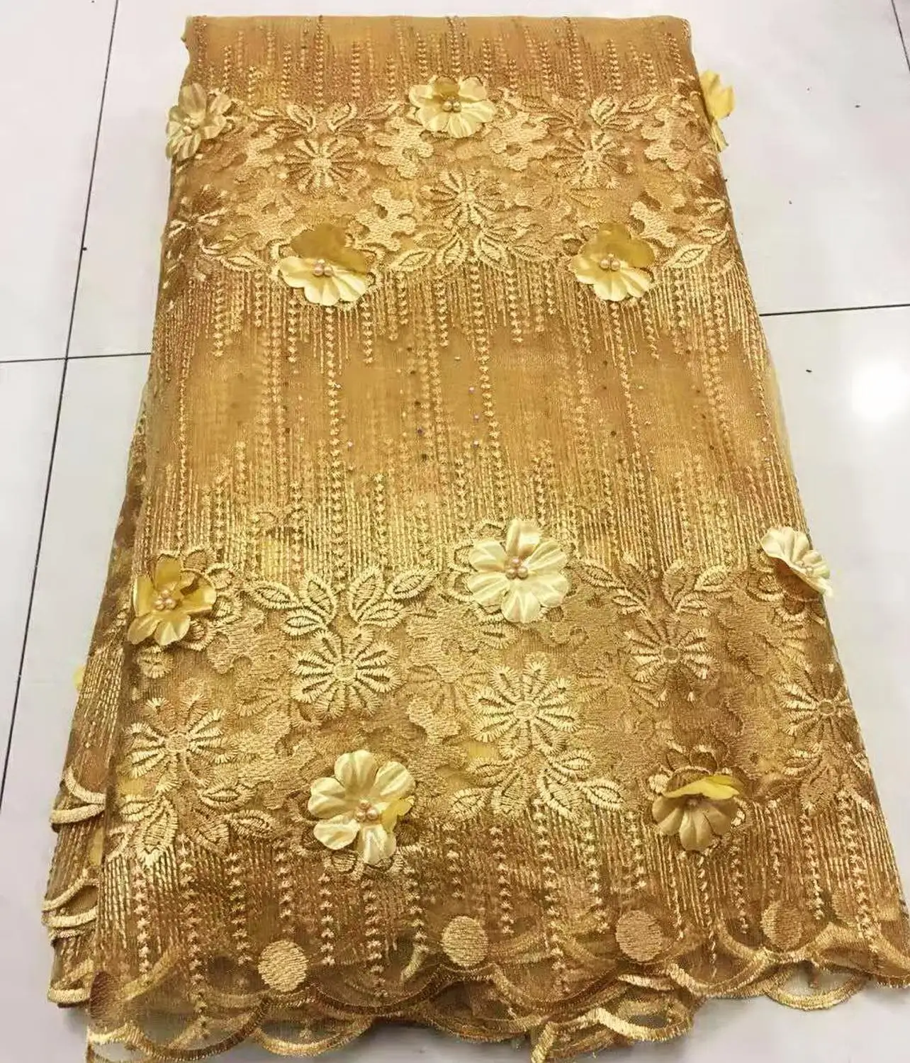 

Nigeria Handmade Lace Fabrics African Gold 3d flower Embroidery Beaded Bridal 5yards dress for French Wedding Dress