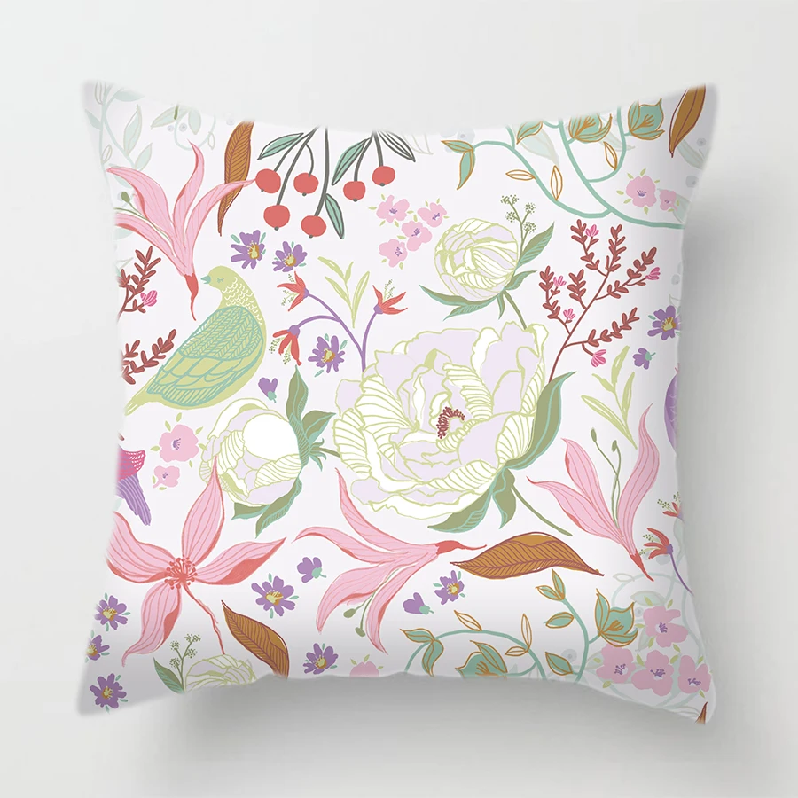 Двусторонний чехол для подушки из полиэстера с принтом домашний декор Европейский цветок растения птицы розовый зеленый Декоративные подушки Чехол для дивана