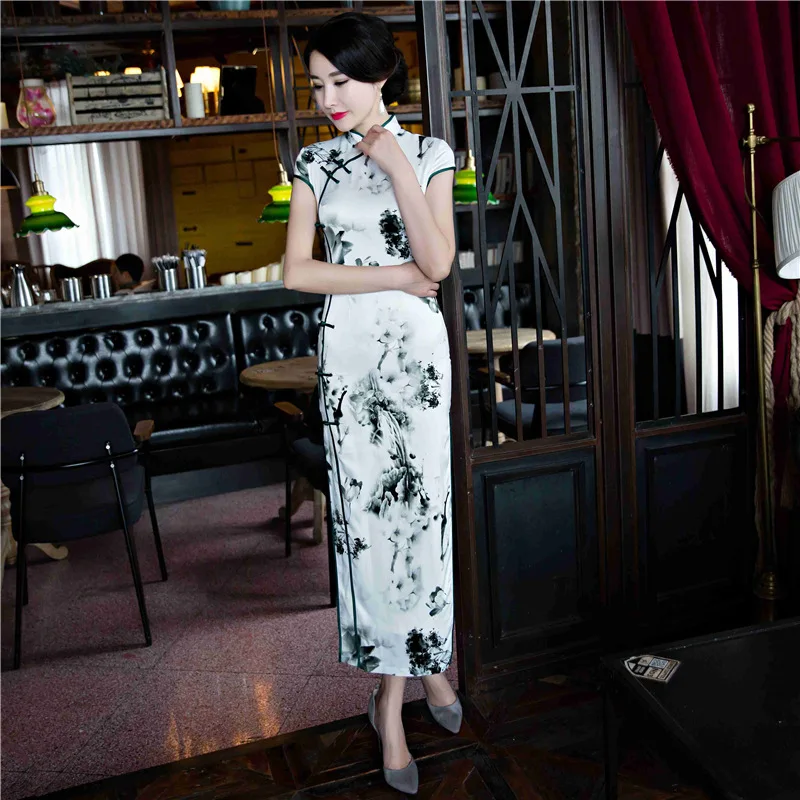 

2019 Spring And Summer New Style Double Layer Long Imitated Silk Fabric Daily Life Improved Evening Dress Cheongsam Dress Chines