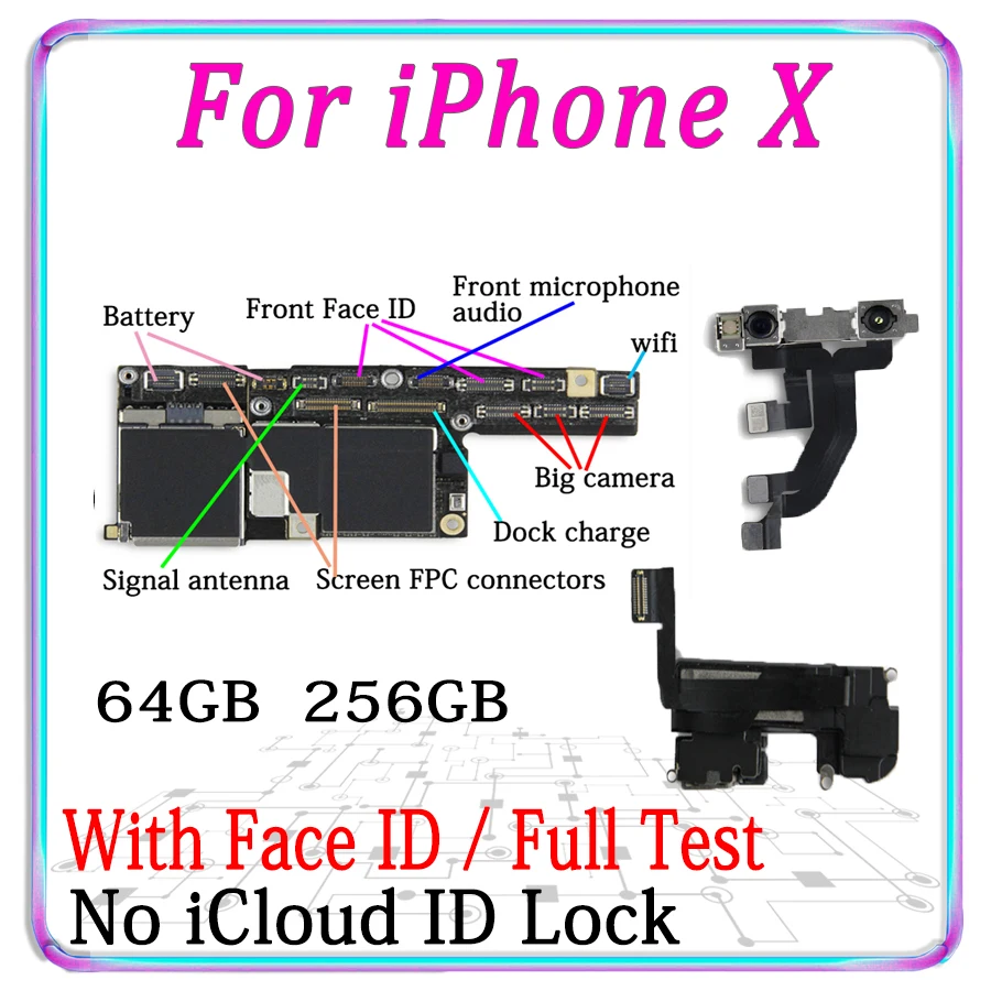 Оригинальная материнская плата для iPhone X 10, 64 ГБ/256 ГБ с функцией распознавания лица/без логической платы для распознавания лица, разблокированная панель, Бесплатный iCloud