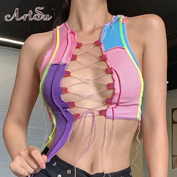 

ArtSu Fashion Lace Up Hollow Out Sleeveless Tank Tops Chic Patchwork Sew Sexy Crop Tops Vest Summer Streetwear Pink VE52186