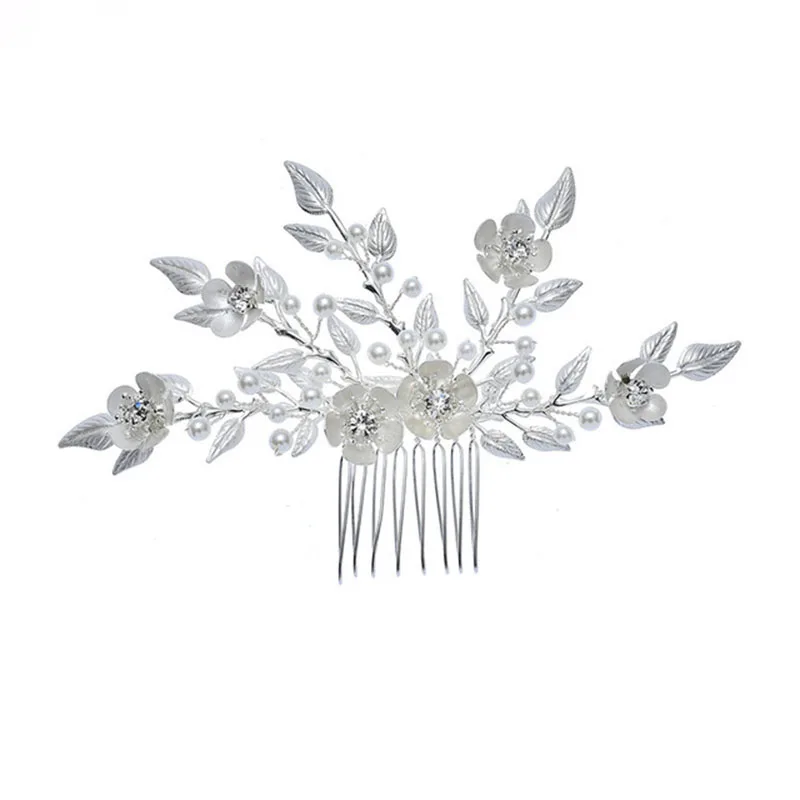 Hair Comb 8225 SLBRIDAL, ручная работа, Серебряные Кристаллы, стразы, жемчуг, цветочный лист, свадебная повязка на голову, гребень для волос, свадебные аксессуары для волос, Женские Ювелирные изделия - Окраска металла: Hair Comb 8225