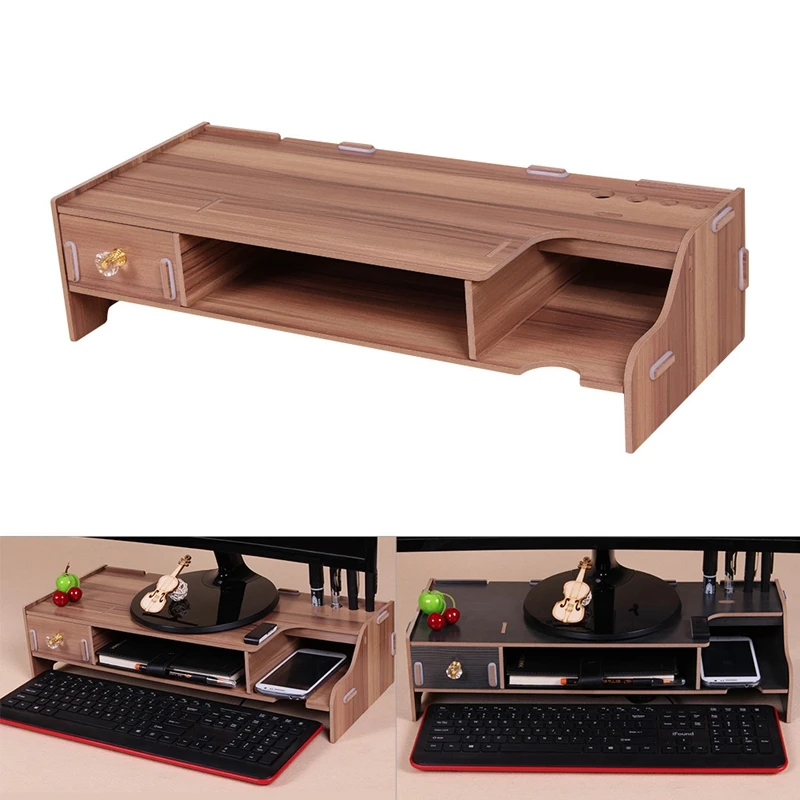  Wooden Monitor Stand Riser Computer Desk Organizer with Keyboard Mouse Storage Slots for Office Sup