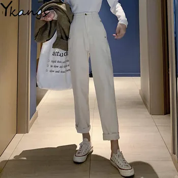 

Vintage Mom Meters White Jeans Women Cotton High Waist Harem denim pant Female Beige Loose Boyfriend Nine Ankle Jeans Streetwear