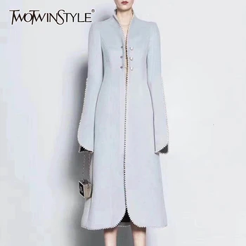 

TWOTWINSTYLE Patchwork Pearls Women's Woolen Coats Female V Neck Flare Long Sleeve High Waist Tunic Jackets For Female 2020 Tide