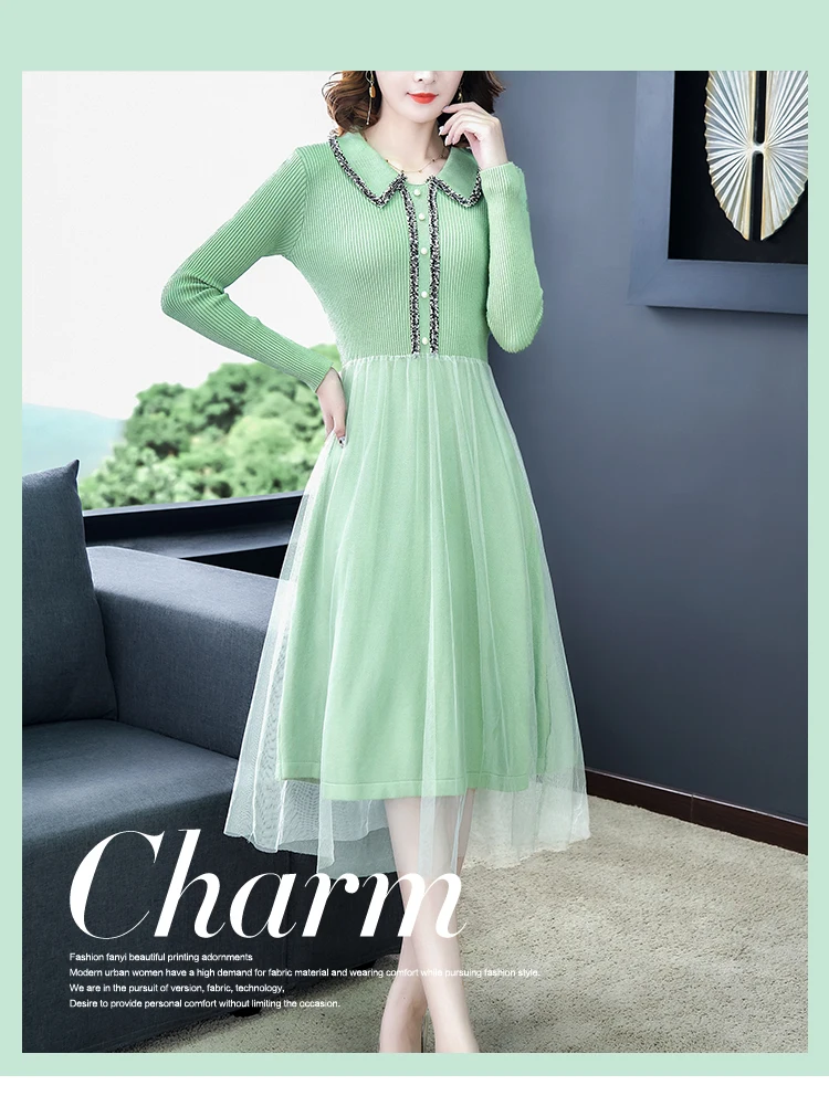 Размера плюс для женщин Сетчатое платье средней длины супер фея платье из джинсовой ткани женские на осень жира мм была тонкая французская футболка с длинными рукавами джемпер-17