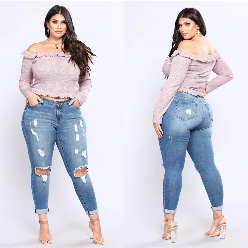 

Fashion Hot Sale Jeans Women New Women Medium Waist Holes Denim Long Slim Jeans Plus Size Jeans Pants