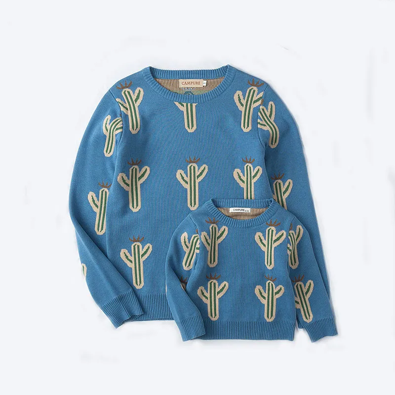 

Family Matching Clothes Autumn Winter Cotton Cactus Print Warm Parent-child Sweater Cardigan Mommy And Me Clothing