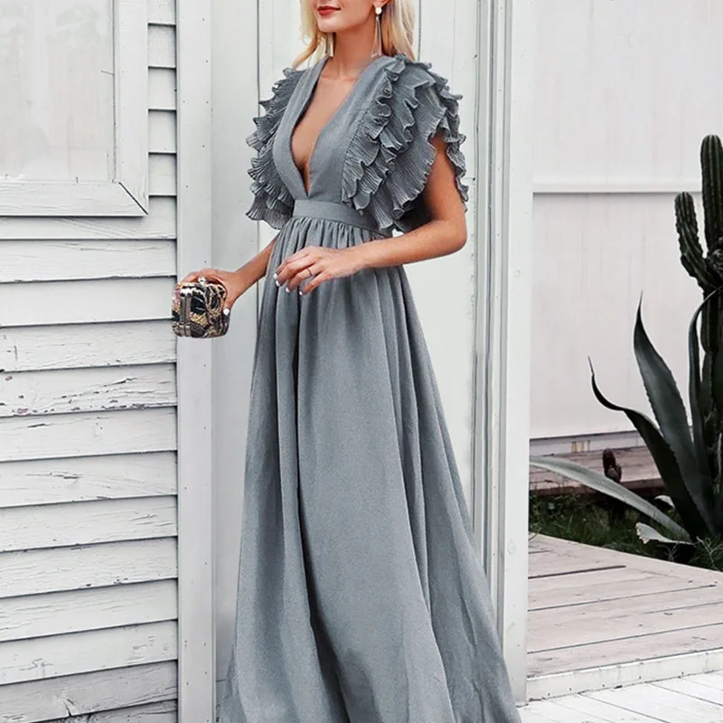 

Dropshipping V Neck Long Dresses Ruffles High Waist Women Dresses Evening Party Female Sexy Maxi Dress Vestidos Festa YSS092