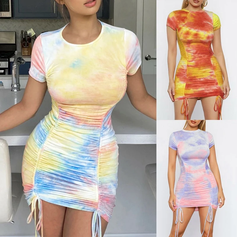 Kili Tie Dye Ruched Вечерние облегающие платья для женщин с коротким рукавом пояс модное