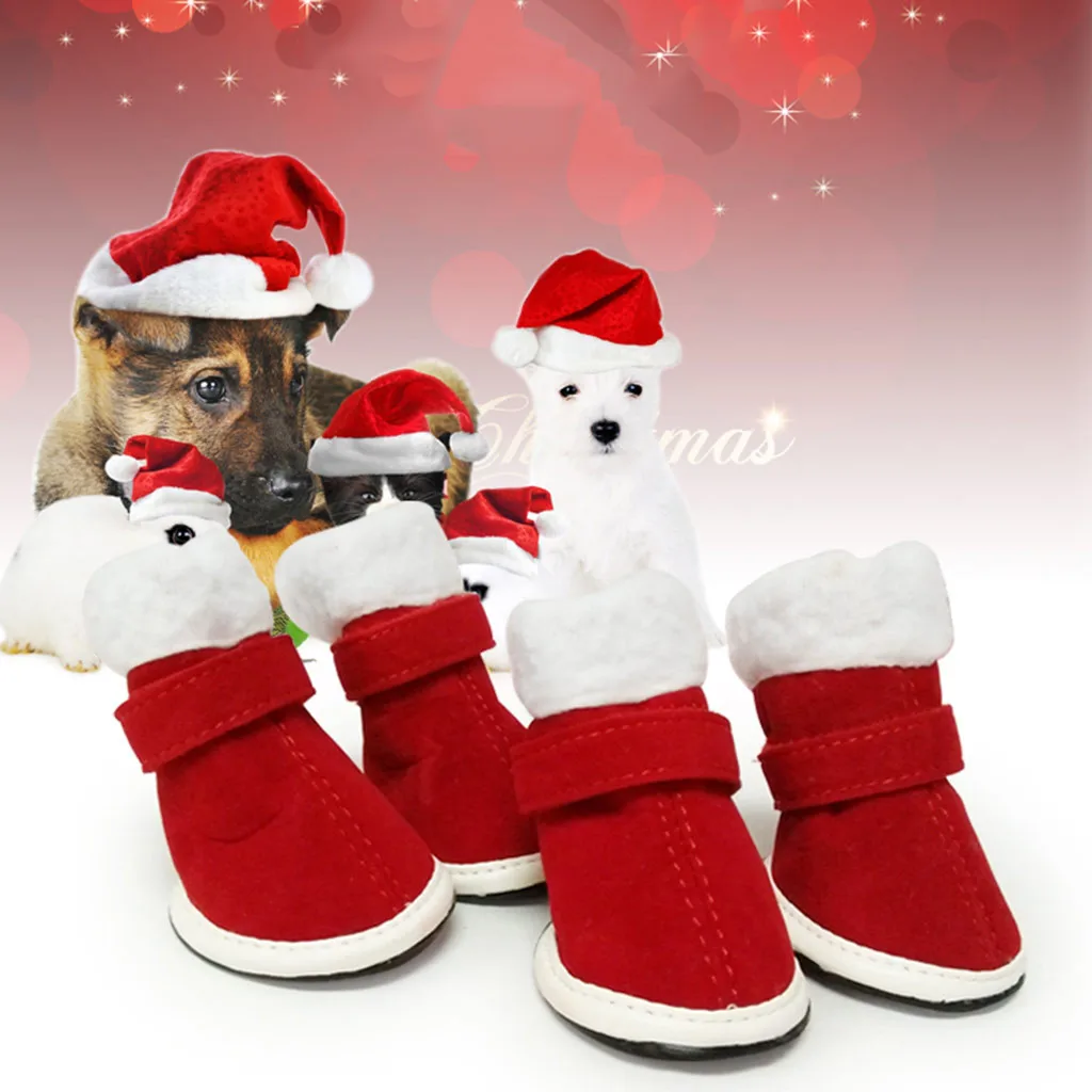 Christmas Warm Velvet Red Shoes Pet Dog Puppy Shoes New Year Gift Pet Puppy 4 / Hand 10.2