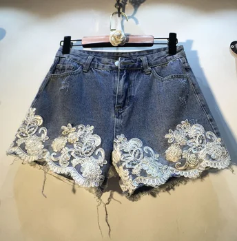 

Denim Hot Pants for Women 2020 Summer New Hem Heavy Beaded Stitched Lace High Waist Thin Denim Shorts Female Jean Shorts