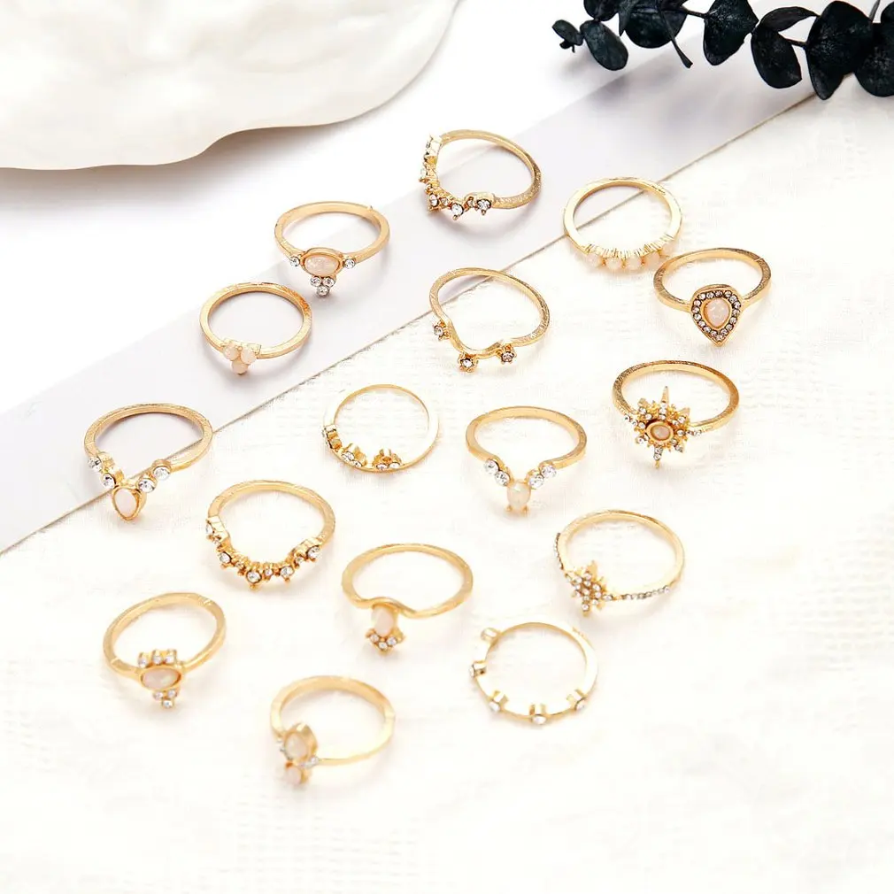 16 Pcs/set Bohemian Retro Crystal Flower Leaves Hollow Lotus Gem Ring Set Women Wedding Anniversary Gift Dropshipping