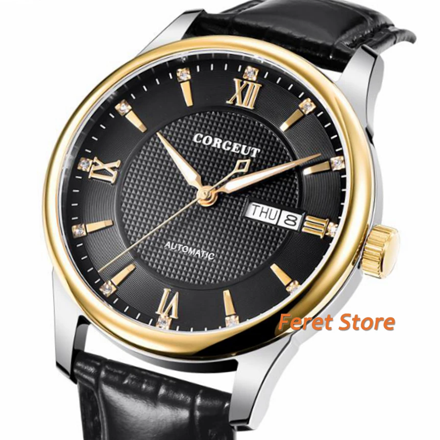 

Corgeut 40mm Men's Sapphire Automatic date week Leather gold Case black dial Watches Miyota mechanical Gift Watch часы мужские