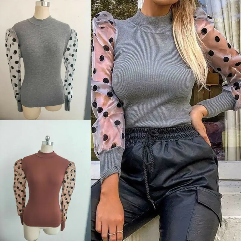 Spring Winter Fashion Women Turtleneck Sweater Ladies Knitted Ribbed Spotted Polka Dots Mesh Puff Sleeve Jumper Top Sweater
