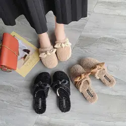 Обувь без каблука; женские шлепанцы; коллекция 2019 года; Роскошные Шлепанцы из флока с бантиком-бабочкой и покемоном; новые меховые шлепанцы
