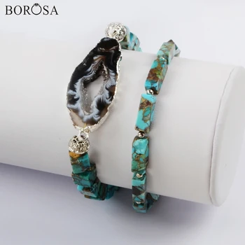 

BOROSA 3/5Sets Silver Color Natural Onyx Agates Druzy Slice With Square & Rectangle Cooper Turquoises Beads Bracelet Sets G1825