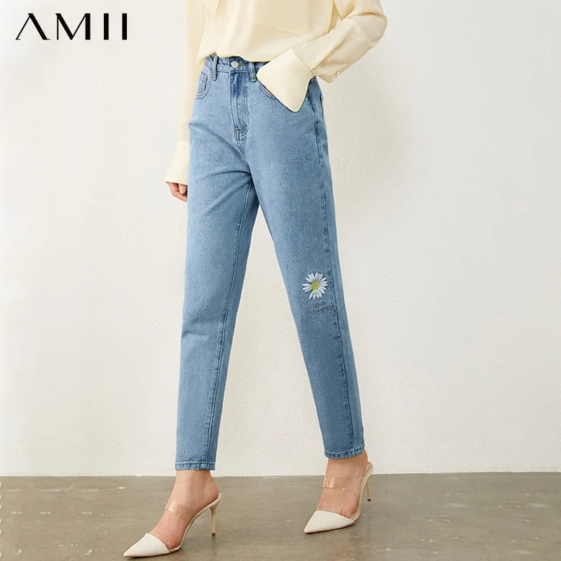 Female Jeans Womens Pants AMII Straight Embroidery High-Waist Fashion Autumn 12040686