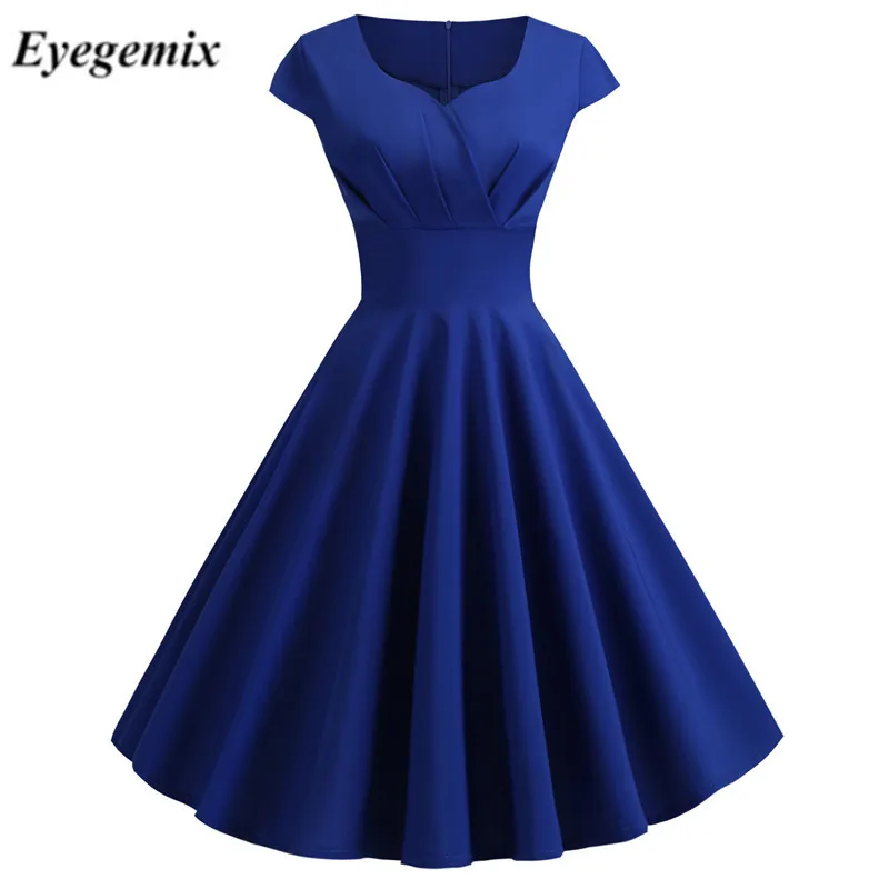 Летнее женское винтажное платье 50S 60S с коротким рукавом и v-образным вырезом, повседневные Элегантные вечерние платья миди в стиле ретро, платья размера плюс - Цвет: JY13841 Blue