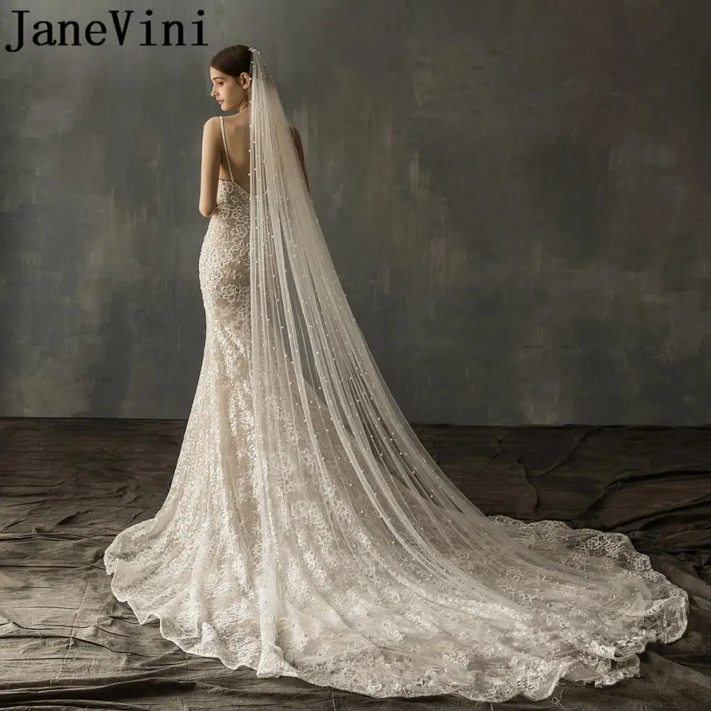 

JaneVini Vintage Pearls Wedding Veils with Comb White Long Bride Veil One Layer Church 2 3 5 Meters Pearl Decoration Bridal Veil
