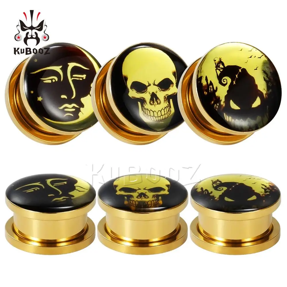 Kubooz Fashion Stainless Steel Skull Logo Ear Plugs Piercing Tunnels