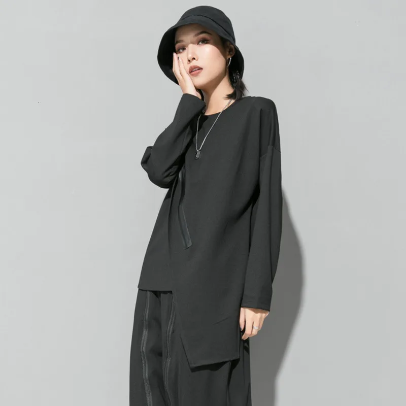 MEVGOHOT Autumn Black Women Long Oblique Ruffle Zipper T Shirt Plus Size Irregularity Fashion O-neck Cotton Tops Female HD2902