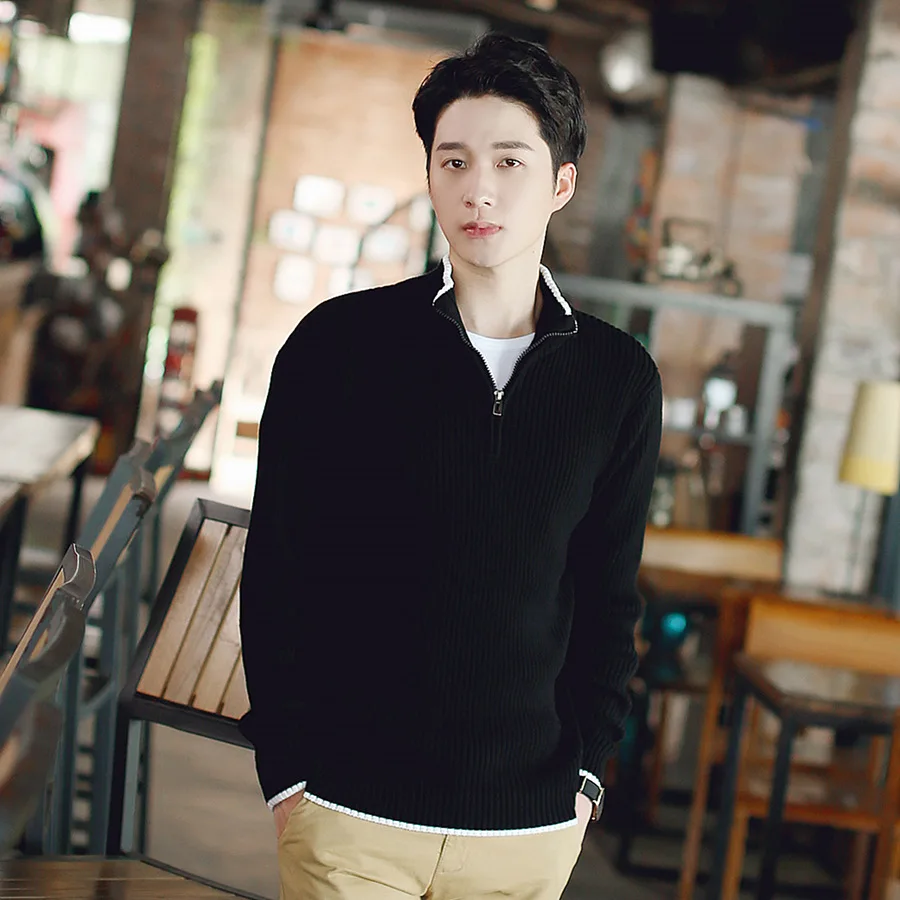 

Autumn And Winter Men Half-Turtle-Neck Zipper Sweater Coat Thick England Slim Fit Solid Color Base Shirt Sweater