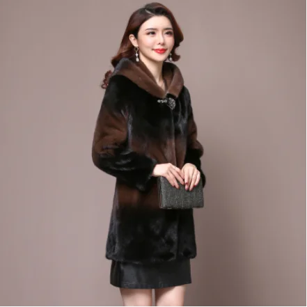 Brown hooded Высококачественная норковая шуба, женская зимняя парка, норковые шубы, Женская цельная норковая шуба, теплая куртка средней длины, свободная тонкая шуба - Цвет: Brown hooded