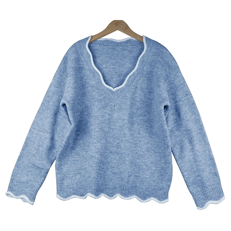 Женский вязаный свитер, зимний модный джемпер с v-образным вырезом и длинным рукавом, Женский пуловер, s, сексуальный, 5XL размера плюс, свободный женский свитер, топы - Цвет: Синий