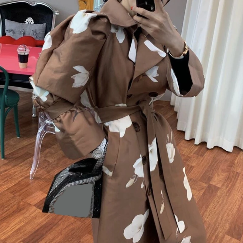 Goede Ricinina Trenchcoat Vrouwen Lange Mouw Knoppen Sjerpen Bloemenprint Vrouwen Jassen Oversized Lange Windjack Vrouw Lente Uitloper