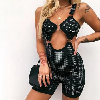 

Newest Sexy Summer Women Clubwear Sleeveless Diamonds Bandage Playsuit 2019 Black Sexy Backless Spaghetti Strap Jumpsuits
