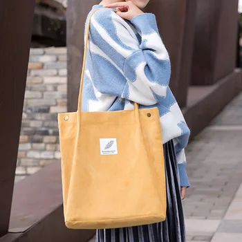 

Women Corduroy Shopping Bag Female Canvas Cloth Shoulder Bag Environmental Storage Handbag Reusable Foldable Eco Grocery Totes