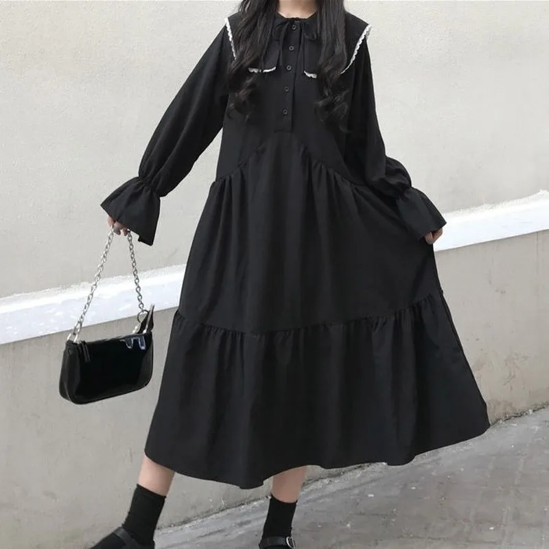 PROD 1005001809020446 QWEEK Gothic Style Dress 2021 Goth Japanese
Harajuku Sweet Lolita Dress Peter Pan Collar Long Sleeve Dress Women
Streetwear