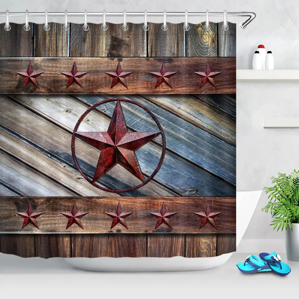 Western Texas Star Rustic Retro Wooden Boards Shower Curtain Hooks Bathroom Mat 