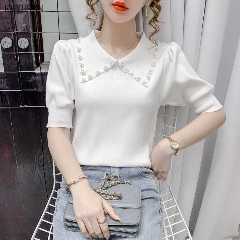 Pearl Beading Sweater Women Chic Ruff Sleeve Turn-down Collar Pullover Knitted Tops Solid Slim Knitwear Jumper White Black | Женская