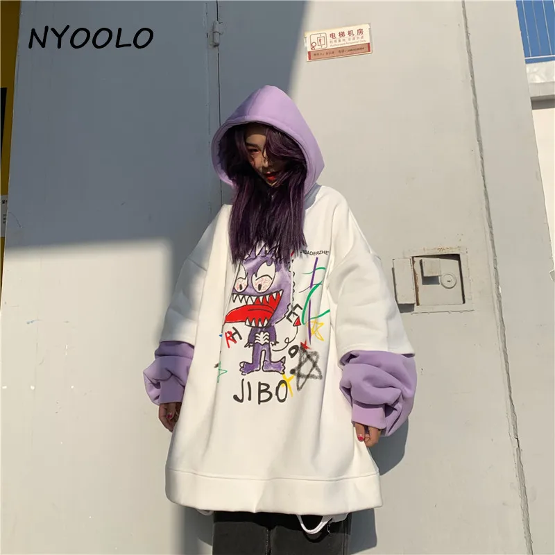 NYOOLO Харадзюку уличный мультяшный принт поддельные две части Лоскутные теплые толстовки Осень Зима Свободный пуловер с капюшоном swaetshirt для женщин