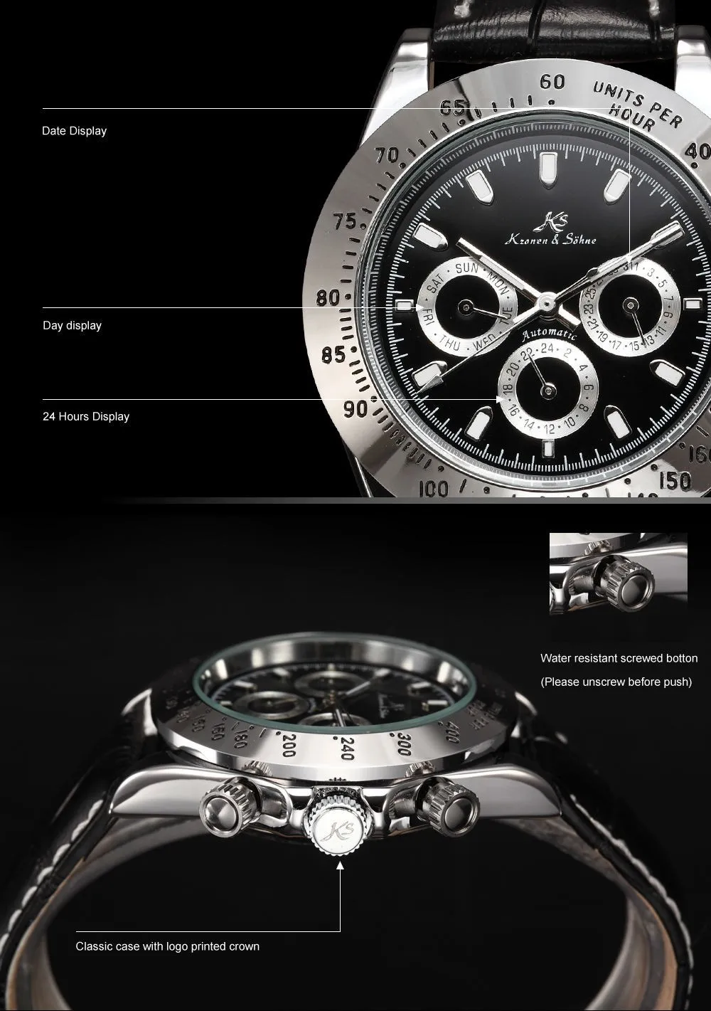 Ks Императорский Календарь день дата дисплей мужские часы Relojes черная кожа полностью стальные автоматические механические часы с автоматическим подзаводом/KS165