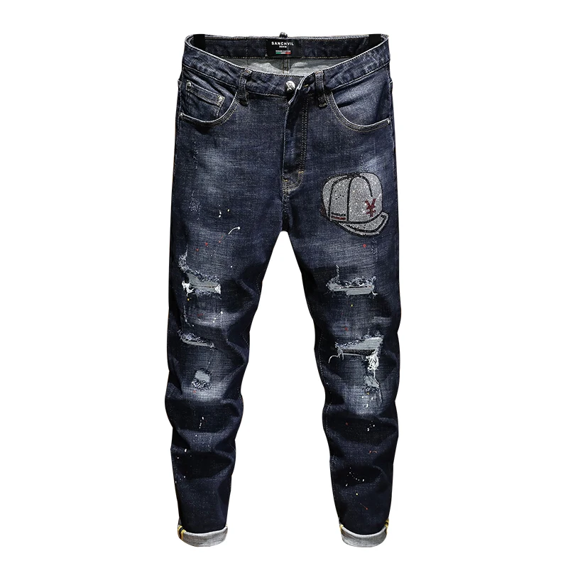 

New men jeans skinny ripped jeans for men elastic paint slim long pants trousers cotton hip hop Winter Spring blue grey