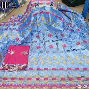 

HFX African Bazin Riche Fabric with Brode Latest Fashion Embroidery Stones Bazin Lace Fabric with Net Lace for Dress F3388
