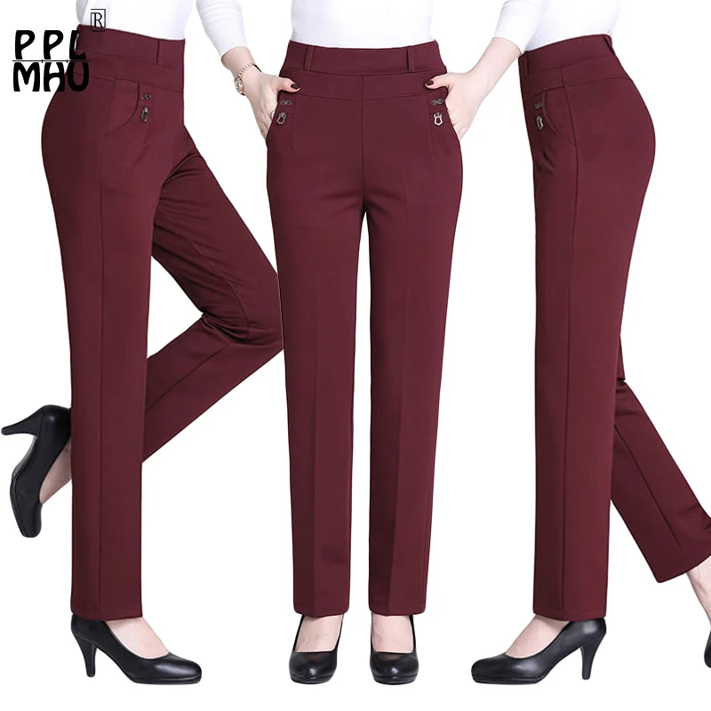 New plus size 5XL mother straight pants big sale solid color high elastic high waist tight women's office autumn pants