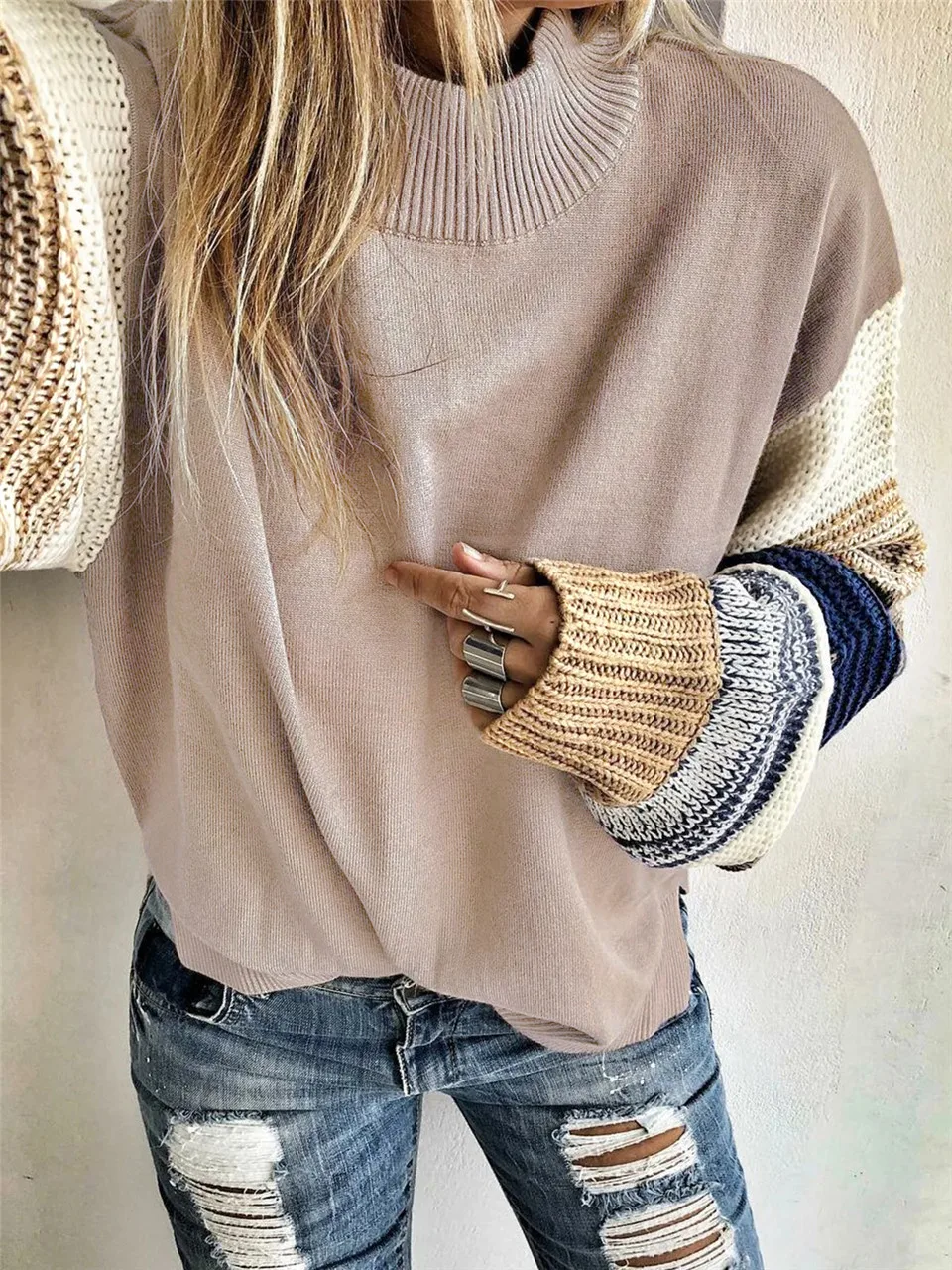 Women Streetwear Sweaters Patchweork Color Matching Design O-Neck Long Sleeve Autumn Winter Casual Loose Knitted Pullovers Top - Цвет: Apricot
