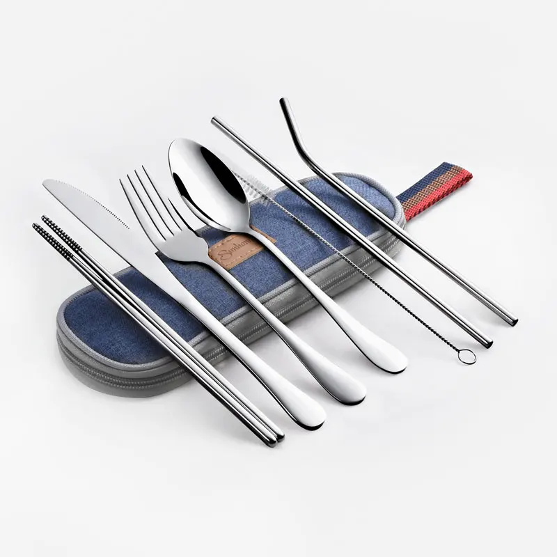Набор посуды для путешествий, кемпинга, набор столовых приборов, многоразовая посуда из серебра, металлическая соломинка, ложка, вилка, палочки для еды и портативный чехол - Цвет: silver B
