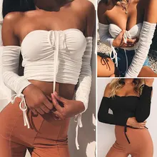 Best Price Women Gather T-Shirts Sexy Club Fashion Female T-Shirt Long Sleeve Off Shoulder Solid Color Tshirt Basic Tees
