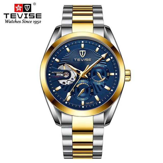 TEVISE мужские часы s Tourbillon водонепроницаемые автоматические механические часы для мужчин часы со скелетом мужские наручные часы Relogio Masculino - Цвет: gold blue