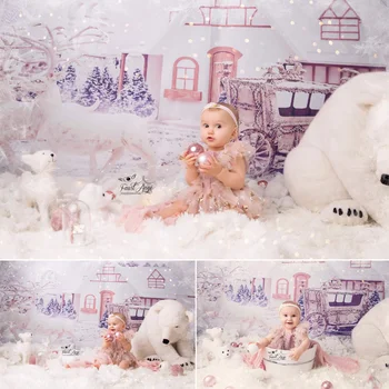 

Christmas Photography Background Dream Castle Carriage Snowfield Pink Backdrop Children Portrait Party Decorative Props Studio