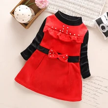 Детские теплые платья с жемчугом для девочек; сезон осень-зима; детское платье с оборками и бантом для девочек; платье принцессы с высоким воротником и длинными рукавами для девочек